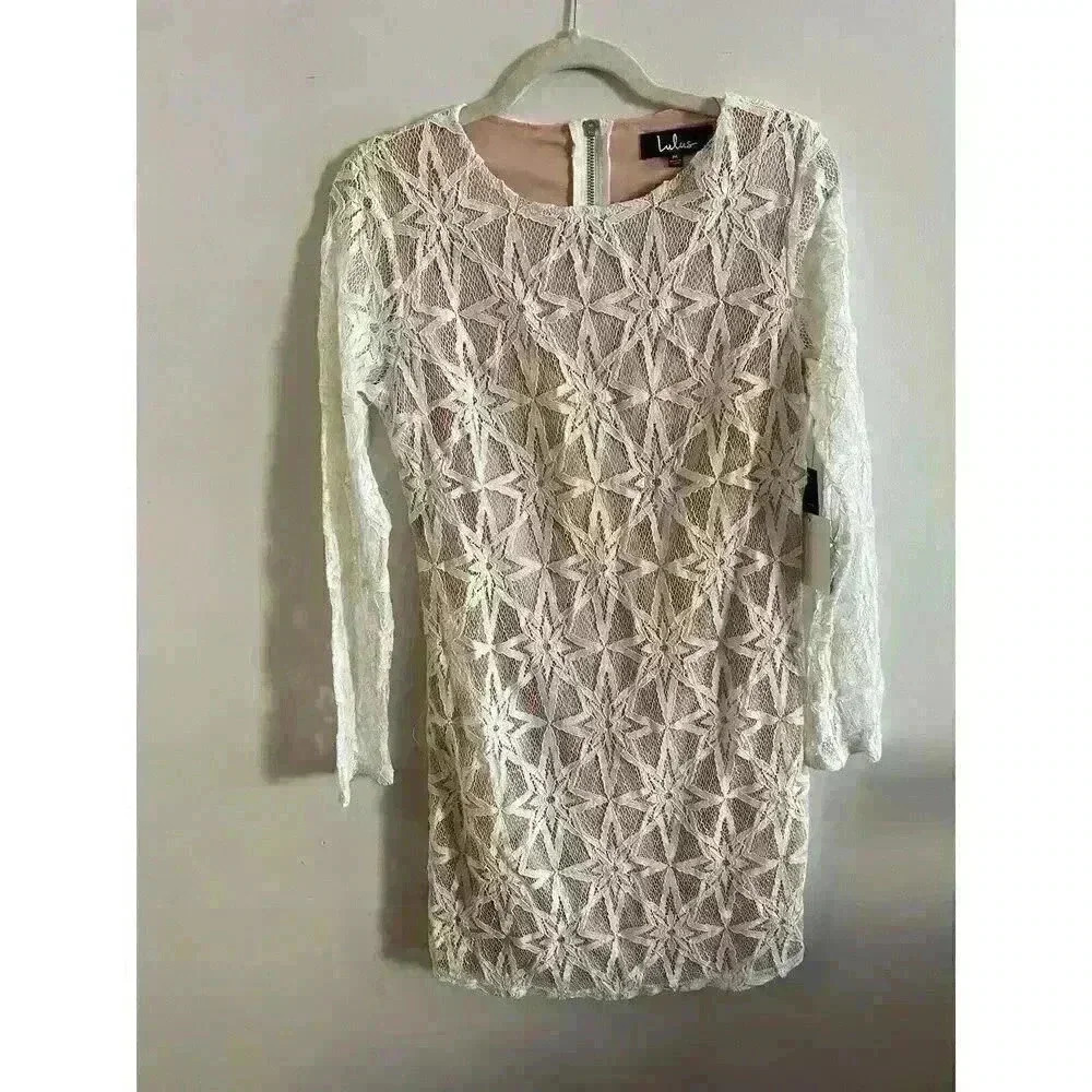 NWT LULUS SIZE Med Dawning Twilight White Long Sleeve Lace Dress WHITE MINI